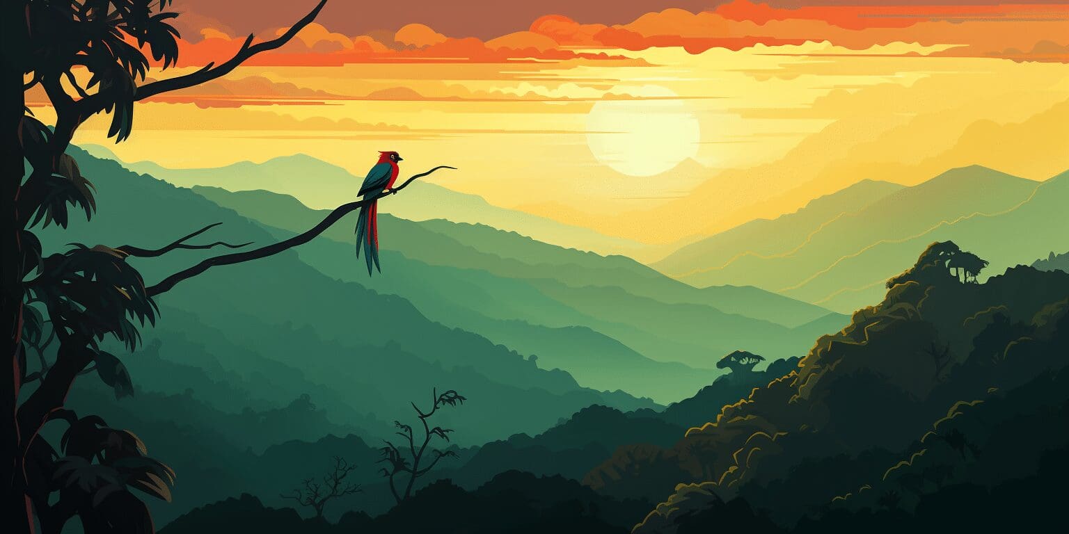 How to Explore the Costa Rica Monteverde Hidden Cloud Forest 6 Misty Monteverde forest backdrop with a vibrant quetzal perched on a branch.