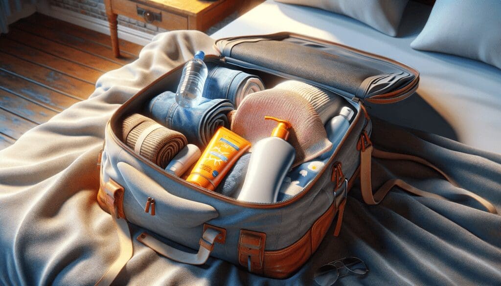 Best Beaches Near Manila Philippines For A Quick Beach Day 5 Backpack being packed with sunscreen and a bottle of water on a bed.