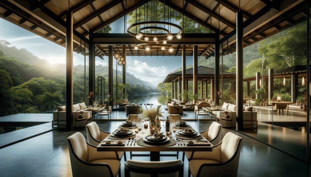 Top Yoga And Spa Wellness Retreats In Costa Rica 6 Elegant dining area in a Costa Rican wellness retreat, showcasing a harmonious blend of modern and traditional design with a view of lush natural surroundings.