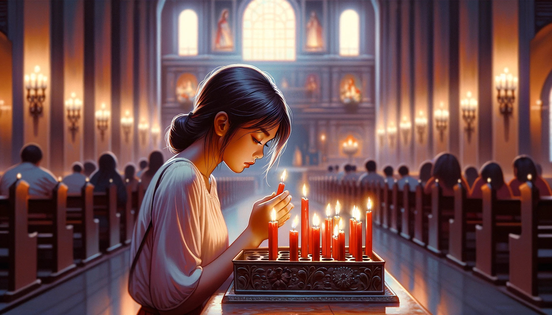 Visiting Basilica Minore del Santo Nino in Cebu City 1 Filipino girl in a moment of prayer, standing before a votive with red candles in a church