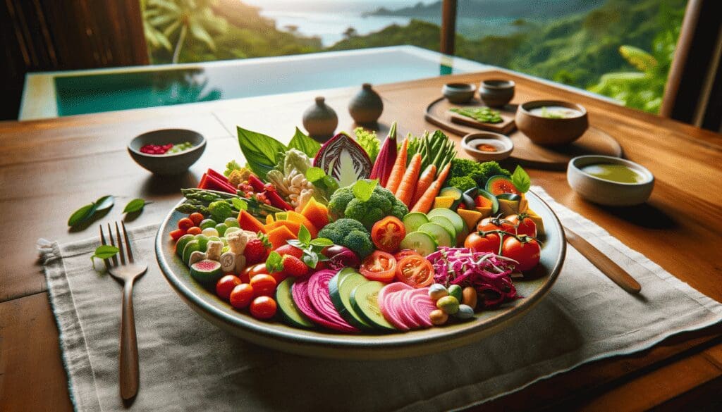 Top Yoga And Spa Wellness Retreats In Costa Rica 5 Colorful and appetizing dish of organic Costa Rican cuisine, highlighting fresh local ingredients in a serene retreat setting
