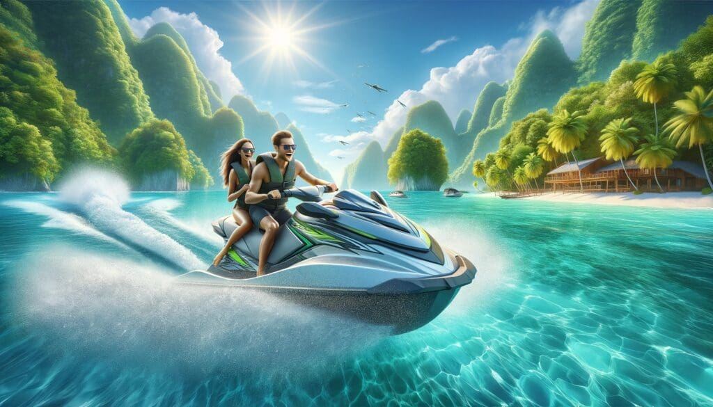 Philippines' Best Cebu City Beaches to Visit in 2024 3 Image of a couple on a jet ski speeding through crystal clear turquoise waters, with a beautiful lush green tropical island in the back