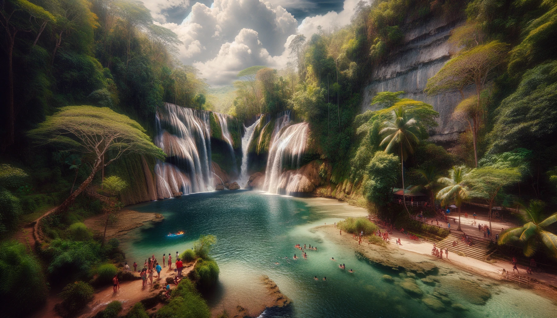 Lagaan Falls, The Best Waterfalls in Siquijor Islands' Lazi 5 Lagaan Falls in Siquijor, Philippines, showcasing a cascading waterfall, lush greenery, and people enjoying the tranquil environment.