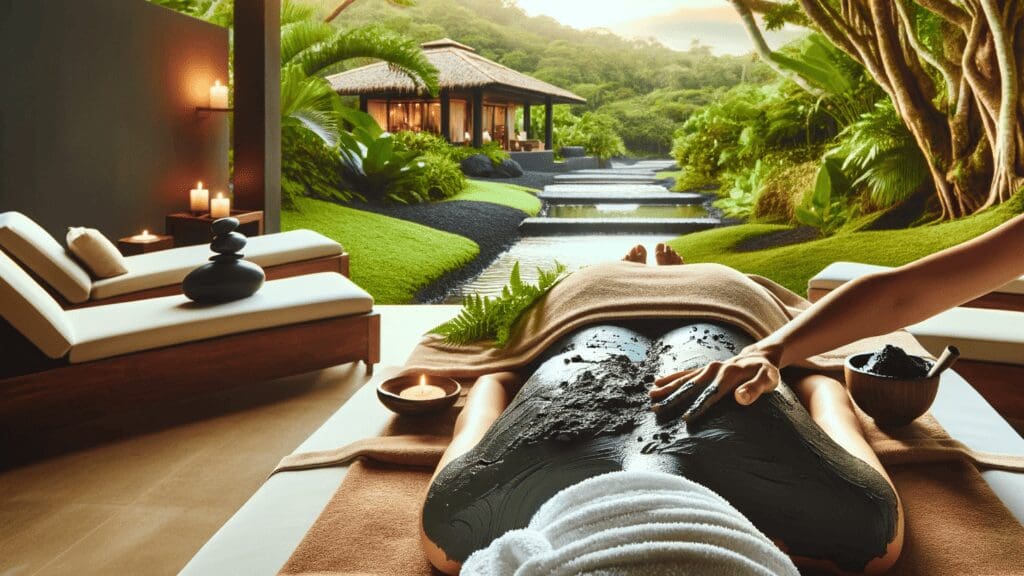 Top Yoga And Spa Wellness Retreats In Costa Rica 3 Person receiving a luxurious volcanic mud wrap in a tranquil spa setting amidst Costa Rica's lush greenery