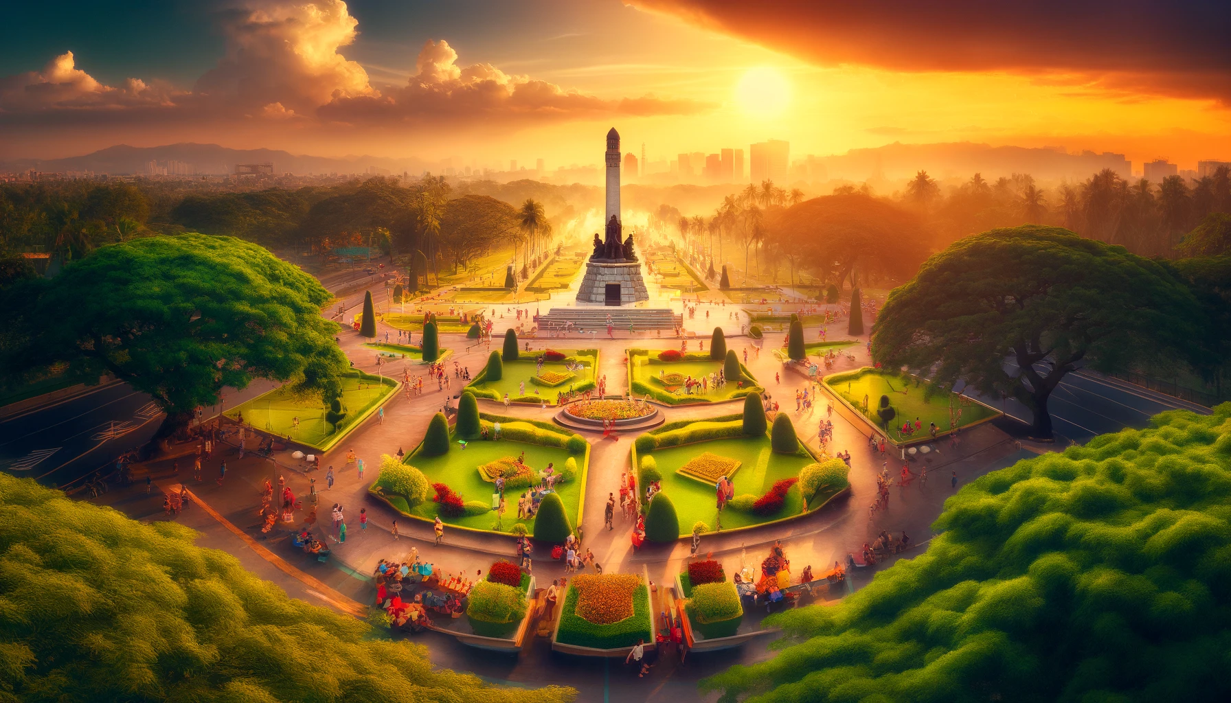 Rizal Park in Manila, Philippines, showcasing its lush gardens, the iconic Rizal Monument, and people