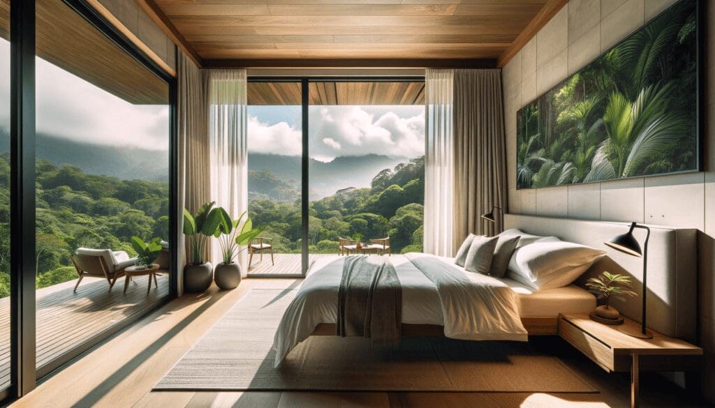 Top Yoga And Spa Wellness Retreats In Costa Rica 1 Modern and cozy bedrooms found in wellness retreats in Costa Rica with a comfortable bed and large windows showcasing the lush landscape.