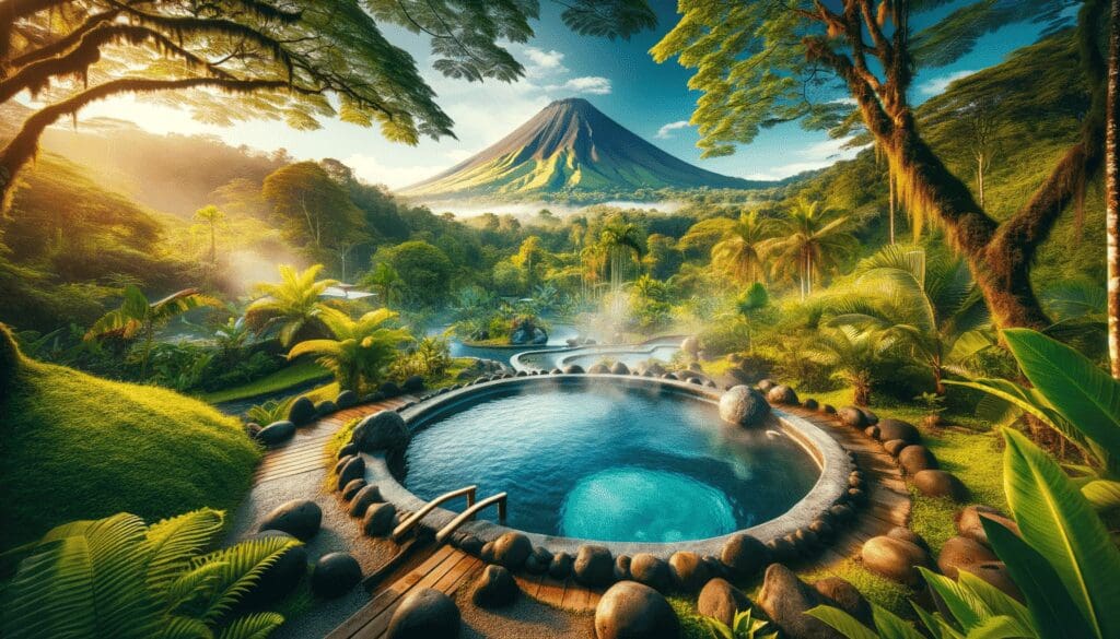 Top Yoga And Spa Wellness Retreats In Costa Rica 4 Scenic hot spring near Arenal Volcano in Costa Rica, surrounded by lush tropical vegetation, embodying natural relaxation and healing.