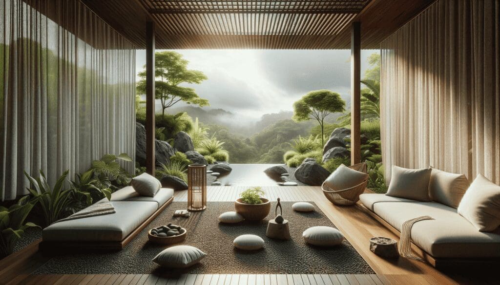 Top Yoga And Spa Wellness Retreats In Costa Rica 2 Serene meditation area in a Costa Rican wellness retreat, surrounded by natural elements and designed for mindfulness and reflection.