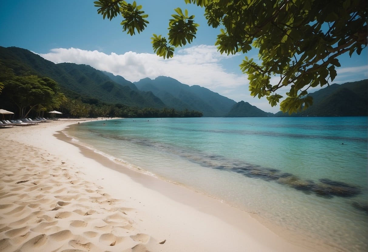 Subic Bay Zambales: A Pristine Destination for Water Sports and Adventure 3 A serene beach with clear blue waters and white sandy shores, surrounded by lush greenery and distant mountains