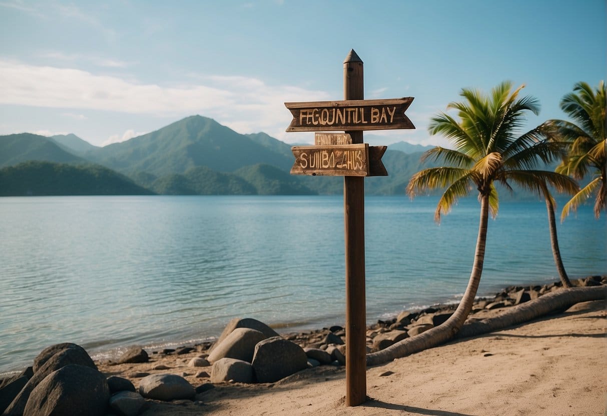 Subic Bay Zambales: A Pristine Destination for Water Sports and Adventure 4 A serene beach with palm trees, clear blue waters, and a distant mountain backdrop. A signpost reads "Frequently Asked Questions Subic Bay Zambales"
