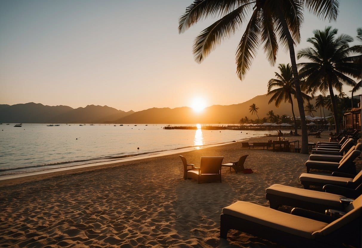 Subic Bay Zambales: A Pristine Destination for Water Sports and Adventure 2 The sun sets over a pristine beach, with palm trees swaying in the gentle breeze. A row of beachfront accommodations and dining establishments line the shore, offering a picturesque view of Subic Bay, Zambales