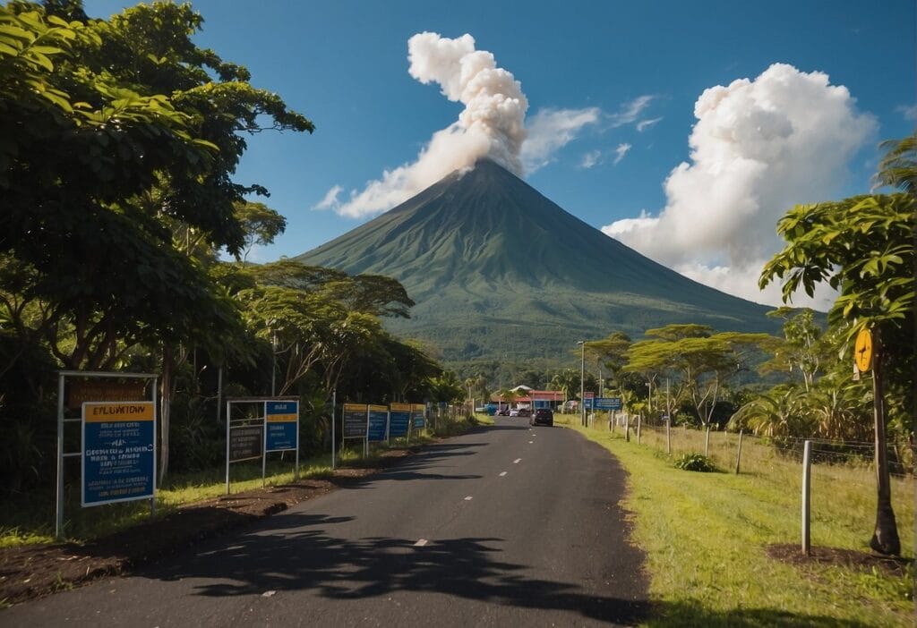 Mayon Volcano in Albay: Majestic Landmark and Geologic Wonder 2 Mayon Volcano smoking, with warning signs and barriers in place. Evacuation routes and shelters clearly marked. Safety measures in place to protect against potential hazards