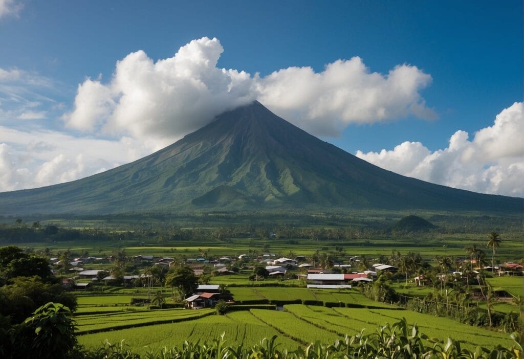 Mayon Volcano in Albay: Majestic Landmark and Geologic Wonder 4 The majestic Mayon Volcano rises above lush green fields, with small villages nestled at its base. Tourists and locals alike marvel at its beauty, while farmers work the fertile land, benefiting from its rich volcanic soil