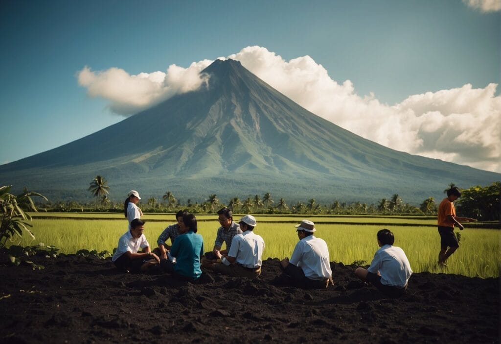 Mayon Volcano in Albay: Majestic Landmark and Geologic Wonder 5 A group of scientists conduct research near the active Mayon Volcano in Albay, while students observe and learn about volcanic activity