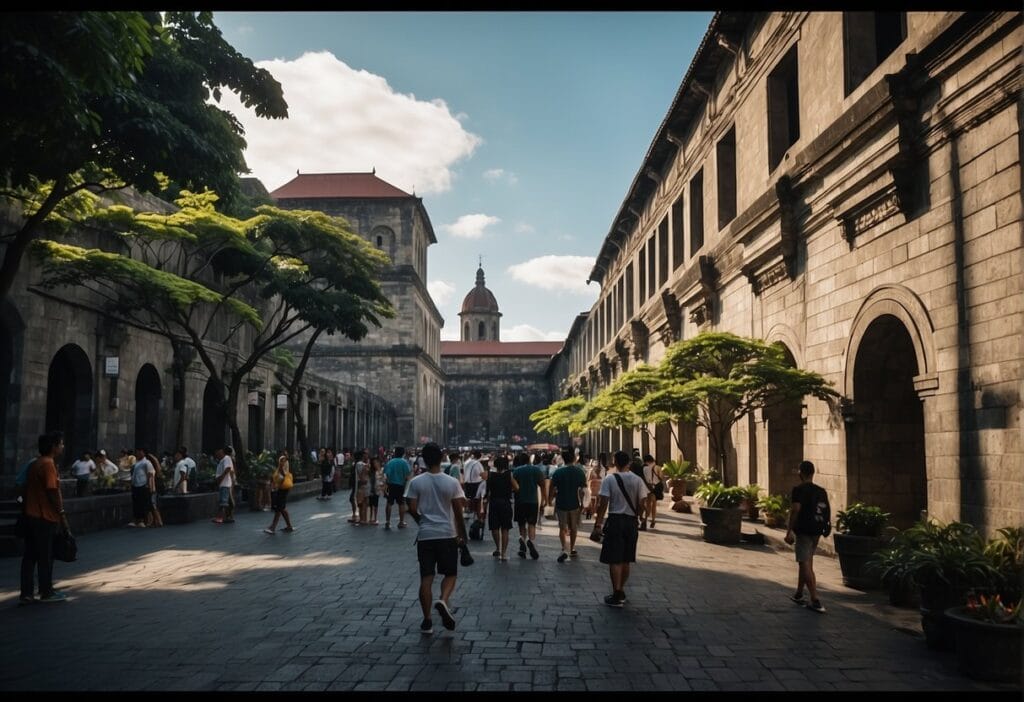Intramuros Manila: Exploring the Historic Walled City of the Philippines 3 Modern Intramuros, bustling with tourists, surrounded by ancient walls and historic buildings. The city is alive with activity, with people exploring the rich cultural heritage of Manila