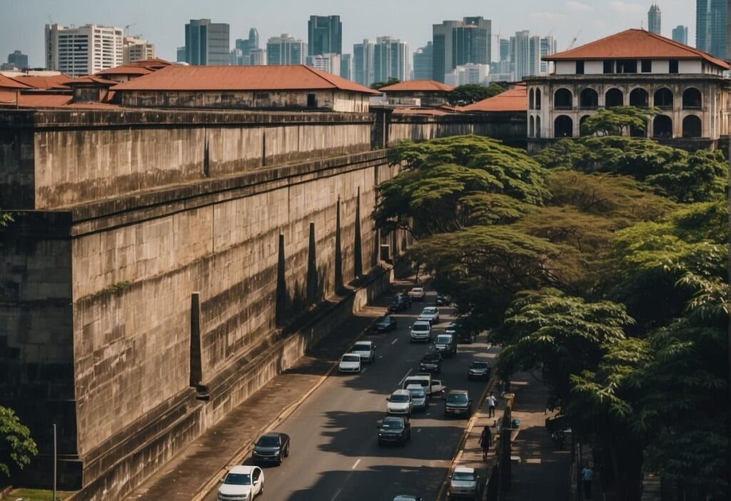 Intramuros Manila: Exploring the Historic Walled City of the Philippines 4 The historic walls of Intramuros stand tall, surrounded by modern buildings and bustling streets, showcasing the contrast between the old and new in Manila's urban landscape
