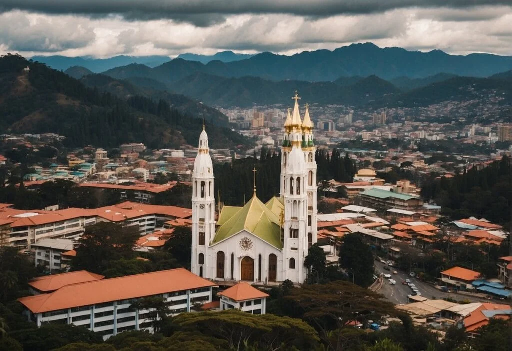 The Baguio Cathedral stands tall amidst the bustling city, with its intricate architecture and vibrant surroundings. Nearby, visitors can find various amenities and attractions, adding to the lively atmosphere of the area