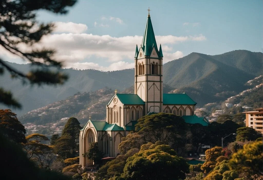 The Baguio Cathedral stands tall amidst a bustling city, with its intricate architecture and colorful stained glass windows catching the sunlight