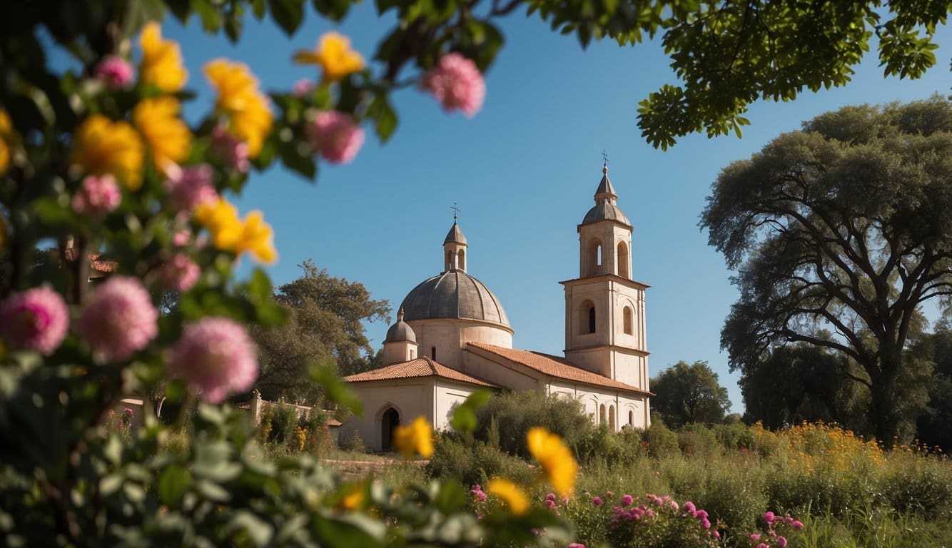 The Historic Lazi Convent and San Isidro Church in Siquijor 1 The Lazi Convent and church stand tall against the backdrop of a clear blue sky, surrounded by lush greenery and colorful flowers