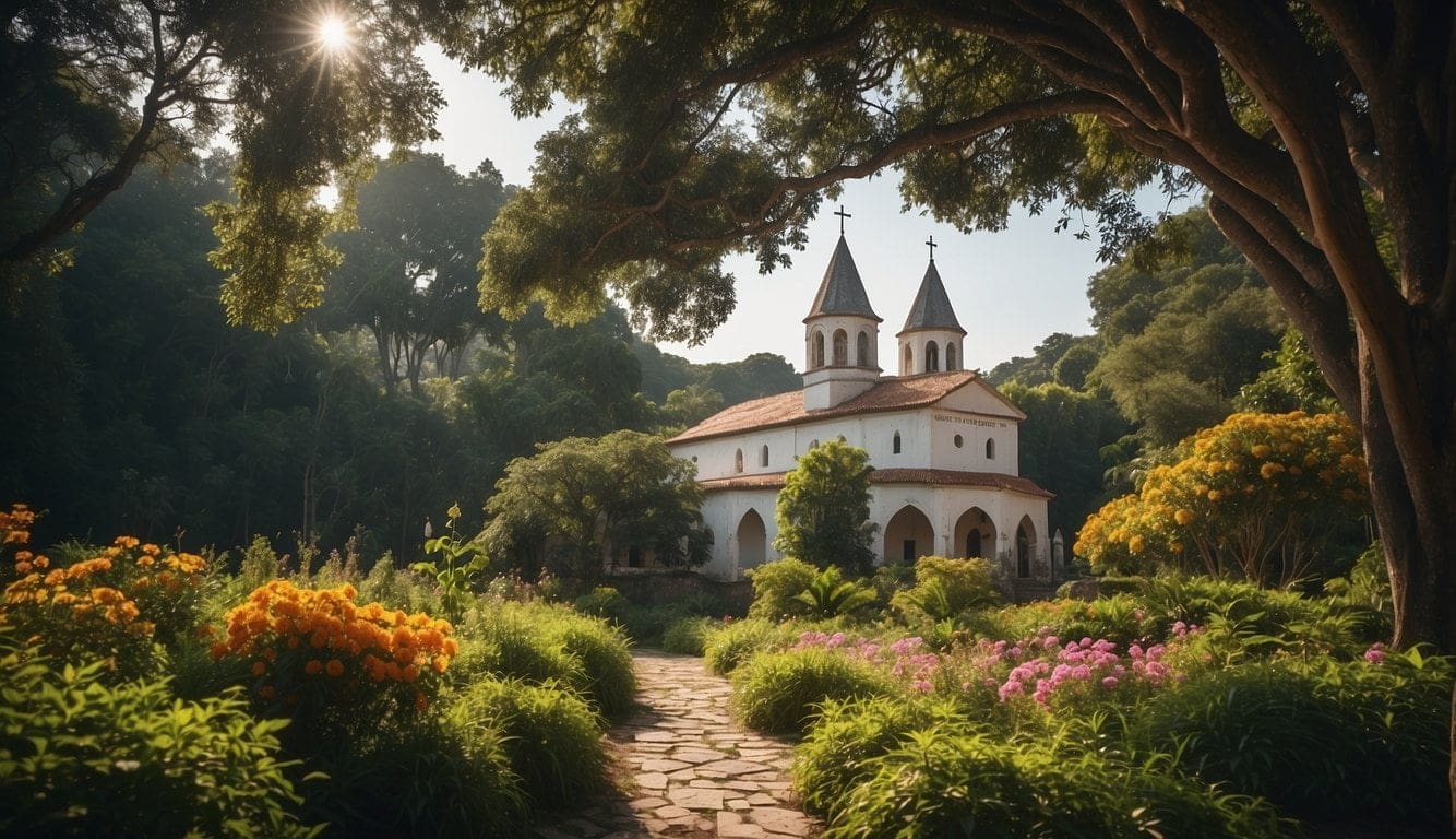 The Historic Lazi Convent and San Isidro Church in Siquijor 4 The Lazi Convent and church stand surrounded by lush greenery, with colorful flowers and tall trees providing a serene backdrop