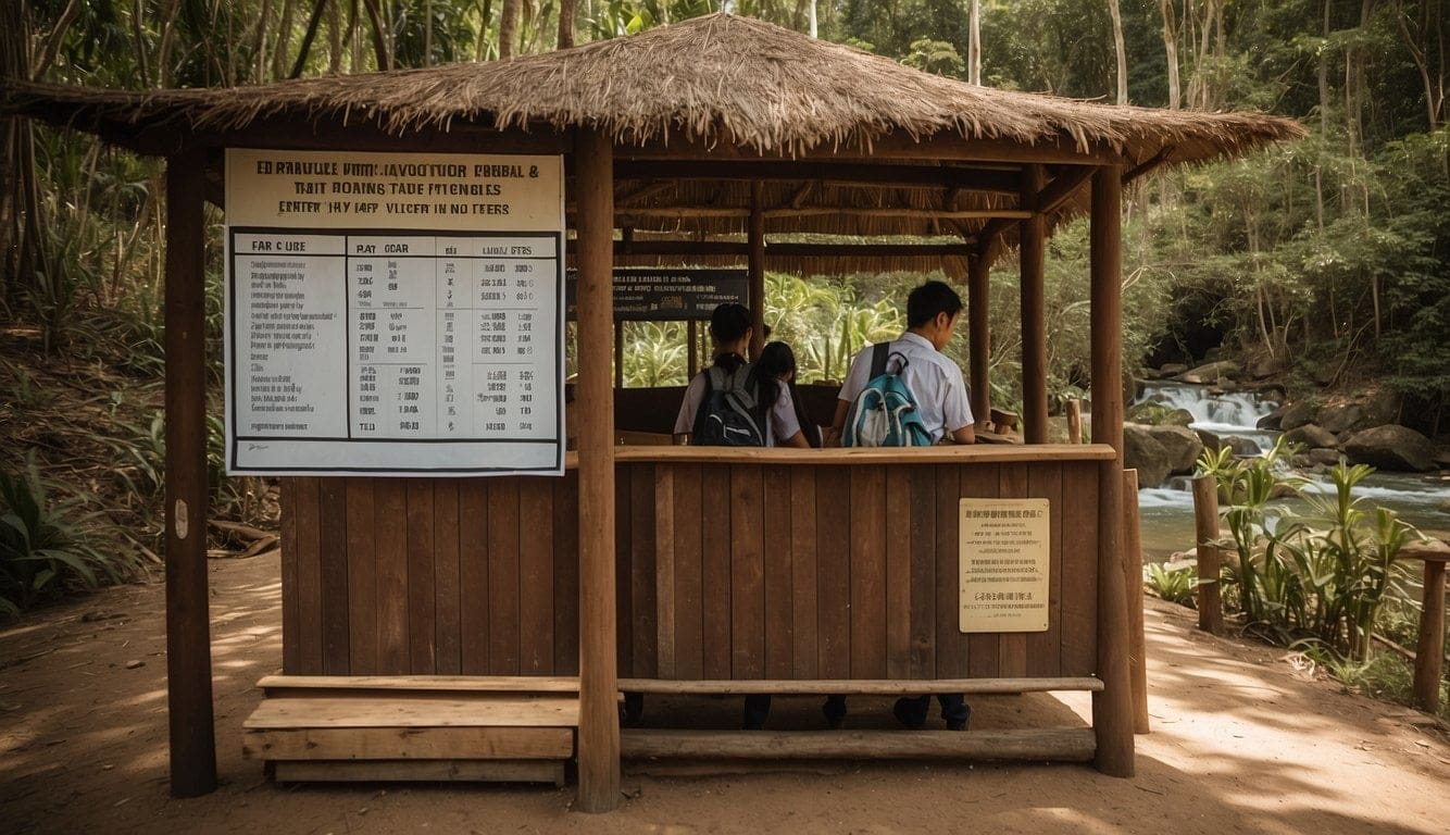 Cambugahay Falls: Complete Siquijor Island Waterfall Guide 3 Visitors pay entrance fees at a wooden booth near the entrance of Cambugahay Falls. A sign displays the entry information for visitors