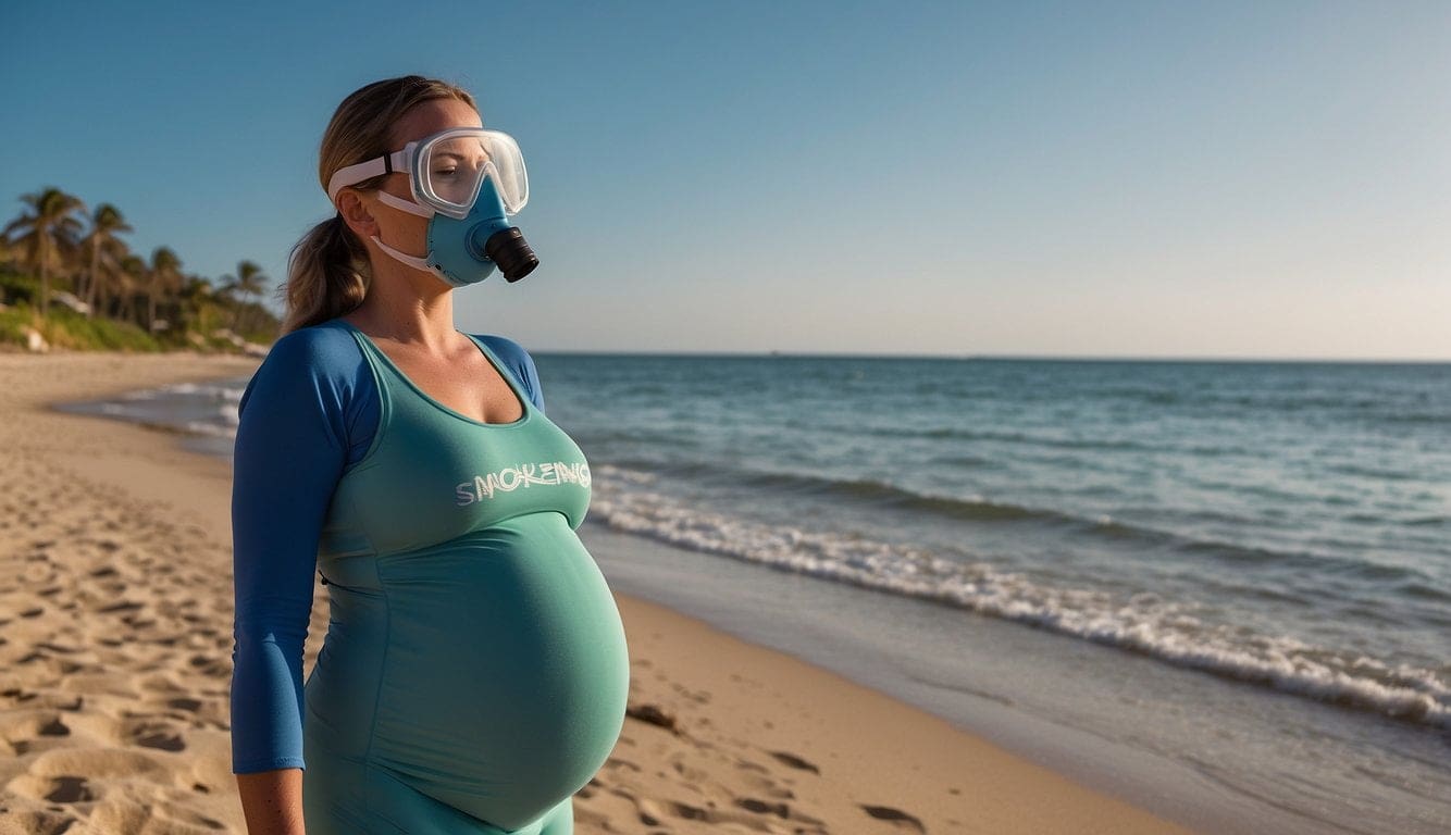 Can You Go Snorkeling While Pregnant: Pregnancy Safety Tips 2 Pregnant woman on beach wearing snorkel equipment