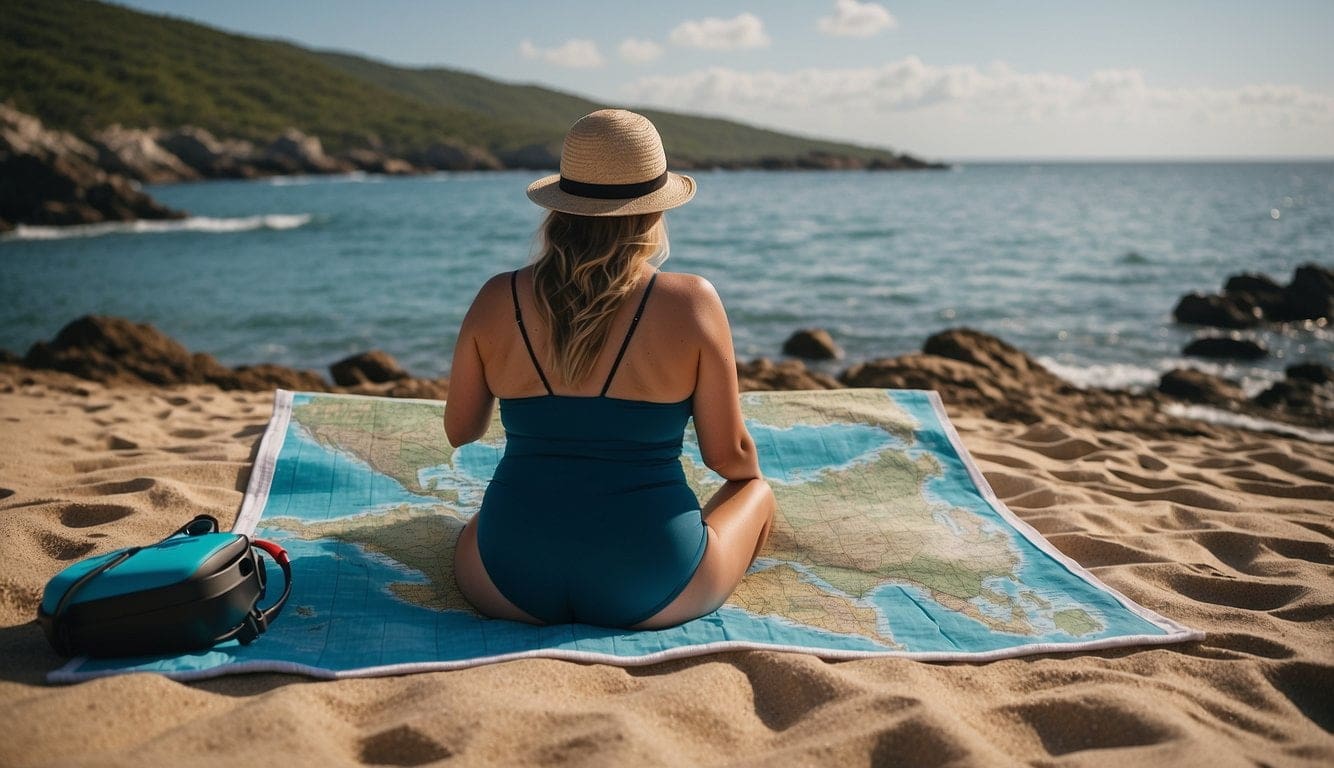 Can You Go Snorkeling While Pregnant: Pregnancy Safety Tips 3 Pregnant woman sitting on beach blanket map preparing to go snorkeling while pregnant.