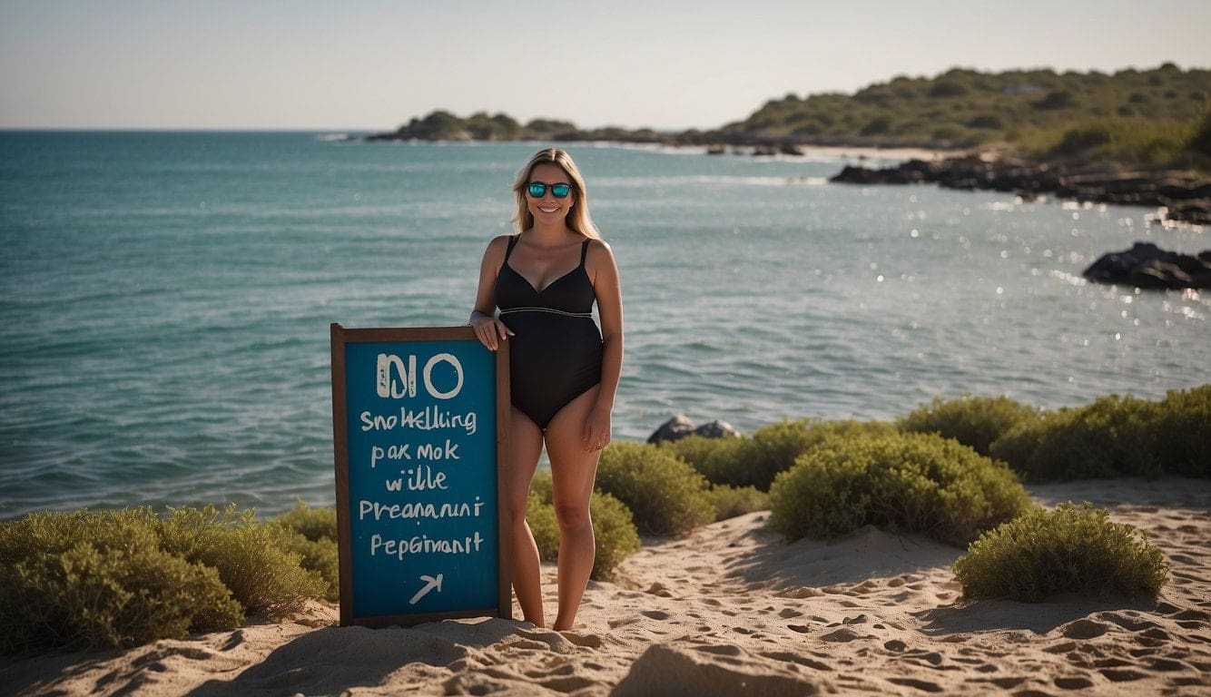 Can You Go Snorkeling While Pregnant: Pregnancy Safety Tips 5 Pregnant woman on beach stands next to sign.