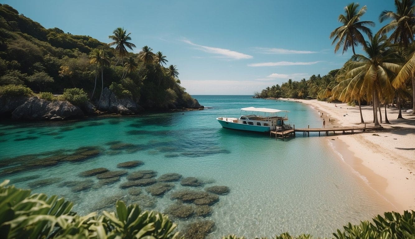 Unwind at Paliton Beach: A San Juan, Siquijor Island Guide 4 A sandy beach with clear blue waters, surrounded by lush greenery and palm trees. A small dock juts out into the water, with boats bobbing gently in the distance