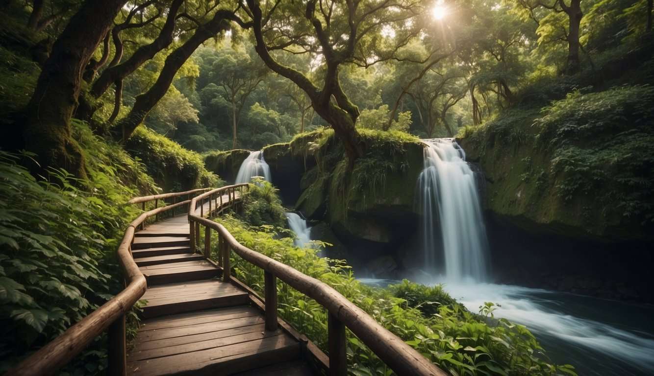 Lagaan Falls, The Best Waterfalls in Siquijor Islands' Lazi 1 A winding path leads through lush greenery to a majestic waterfall, its cascading waters creating a mesmerizing display of natural beauty
