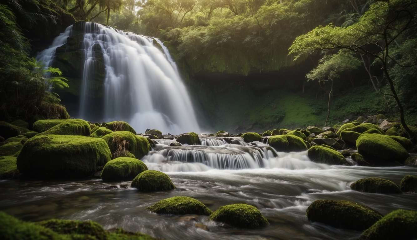 Lagaan Falls, The Best Waterfalls in Siquijor Islands' Lazi 3 A rushing waterfall cascades over moss-covered rocks in the heart of Lagaan Falls, surrounded by lush greenery and vibrant wildlife