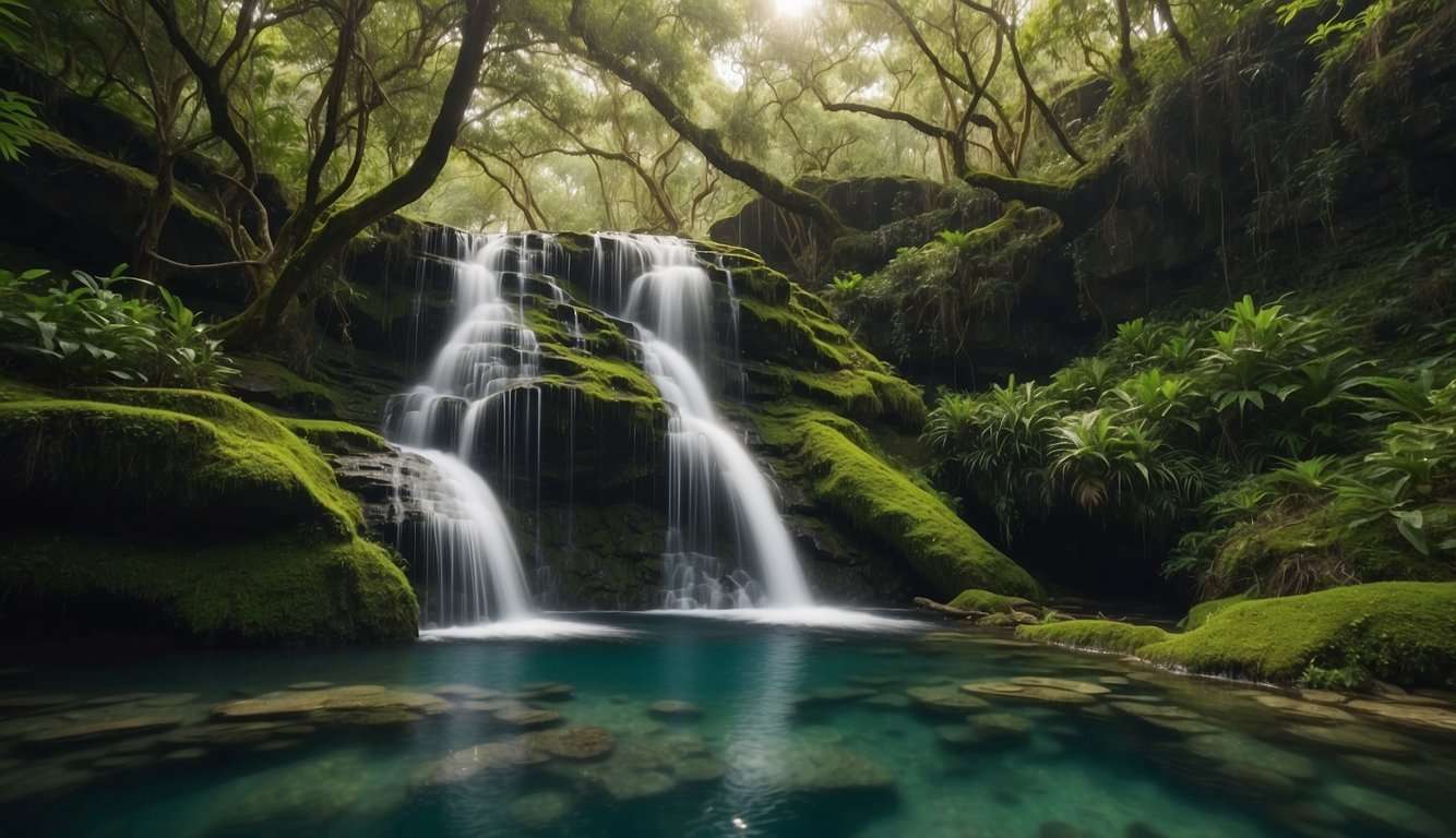 Lagaan Falls, The Best Waterfalls in Siquijor Islands' Lazi 6 A serene waterfall cascades over moss-covered rocks amidst lush green foliage and clear pools at Lagaan Falls