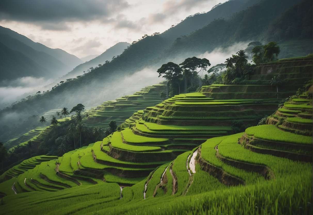 Banaue Rice Terraces: Unveiling the Wonders of the Philippine Highlands 1 Lush green terraced mountainside with intricate rice paddies cascading down, surrounded by misty mountains and a serene atmosphere