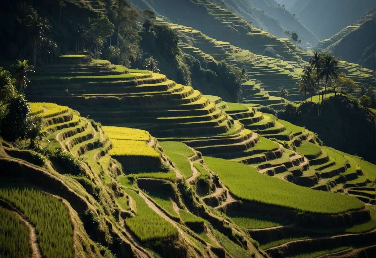Banaue Rice Terraces: Unveiling the Wonders of the Philippine Highlands 9 The Banaue Rice Terraces stretch across the mountainside, with layered rice paddies carved into the landscape. The sun casts long shadows over the intricate network of fields, creating a stunning and picturesque scene